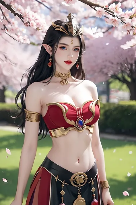 1 girl, long hair, jewelry, solo, pointy ears, navel, black hair, earrings, upper body, hair ornament, blue eyes, falling petals, red skirt, tube top,blue gems, petals, skirt, bare shoulders, hand in own hair, midriff,cai lin, large breasts,shiny skin,(mat...