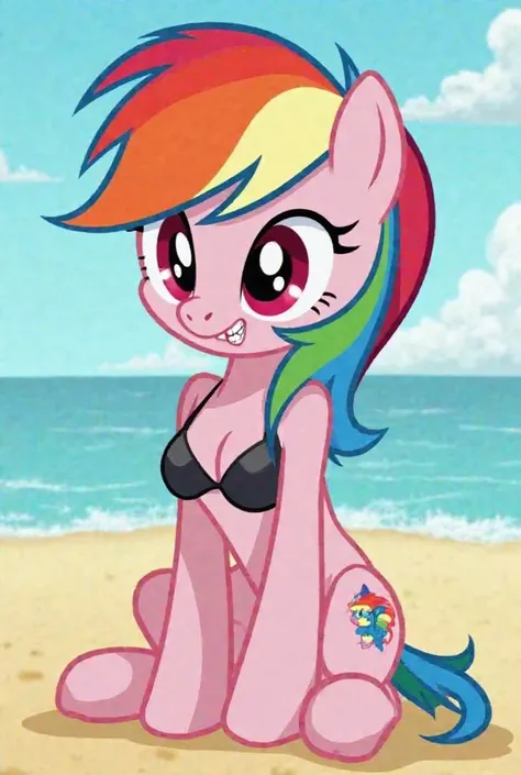 with a character from the animated television series "my little Pony: Friendship is Magic." The character is Rainbow dash, red eyes. ponytail hairstyle, relaxed expression. She has stiff multicolored hair. with bikini. attack on the beach, Eyes with an exp...