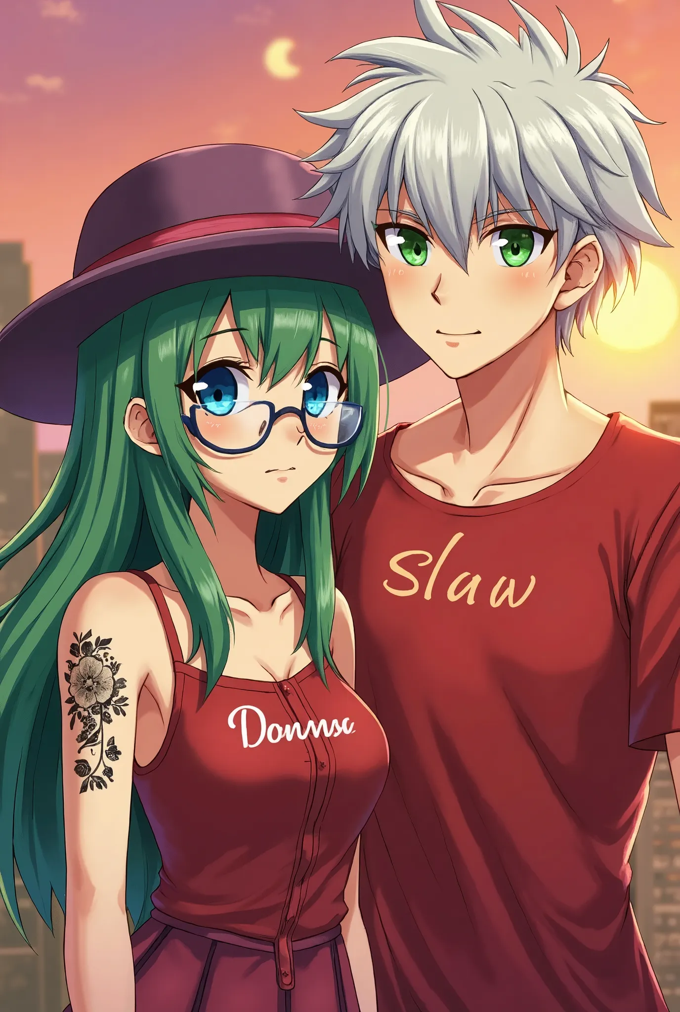 Couple characters, Male and female, Female green hair, purple hat,  blue eyes, red blouse with the name Donna tattoos ,  round glasses. Male wavy white hair, green eyes, red shirt with the name Slow, sunset background