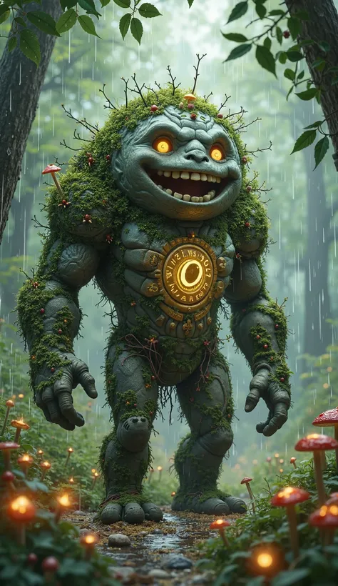 Create a whimsical and enchanting wallpaper featuring a large, friendly golem-like magical creature standing in a lush, rainy forest. The creature is made of earth, stone, and glowing magical runes that pulse with a soft light. Its body is moss-covered, wi...