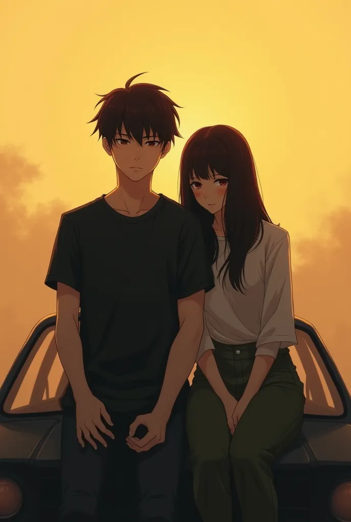 Anime couple front view
black shirt and olive color pant golden background little bit sadness and sitting on car bonot