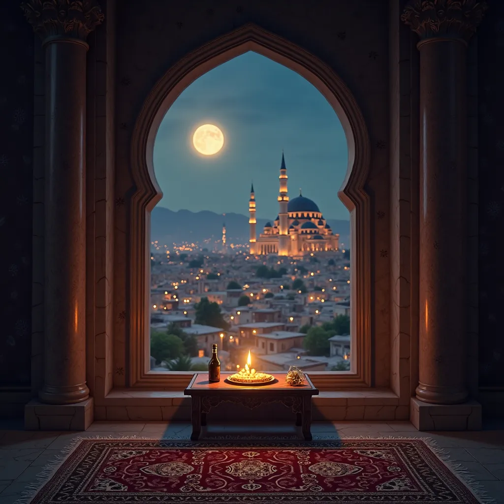 patterns, offering a breathtaking view of a picturesque Islamic village at night. The village is illuminated with warm, golden lights, and a majestic mosque stands tall in the distance, its minarets glowing softly under the serene Ramadan moon. The scene i...