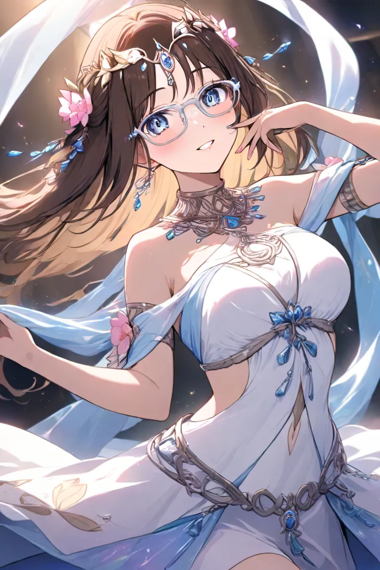 White Dancer 　long brown hair　  pink flower hair ornament  　 medium chest　 blushes, square black rimmed glasses　Bust Emphasis　can see the inside of the skirt　low angle