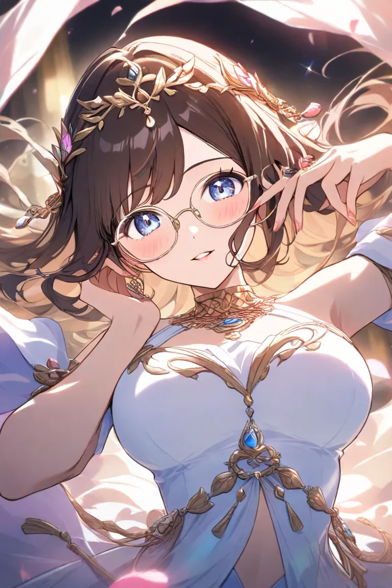 White Dancer 　long brown hair　  pink flower hair ornament  　 medium chest　 blushes, square black rimmed glasses　Bust Emphasis　can see the inside of the skirt　low angle