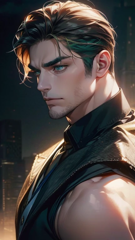 (  best quality,4K,8k,   highres,  masterpiece :1.2),  ultra-detailed  ,(Realistic,photoRealistic,photo-Realistic:1.37),36-year-old man,3 day beard,Beautiful anime,Portraits,strong,masculine,   with dark hair  ,sharp jaw,    mesmerizing green eyes   ,   pe...