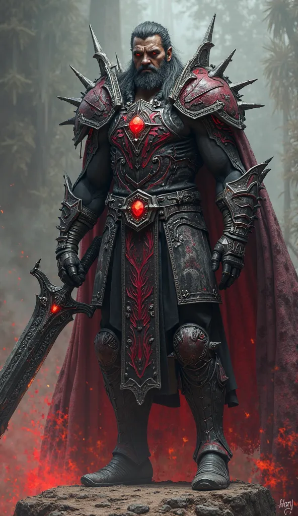 King Mordrak the Tyrant stands at a towering 6'6" (198 cm), his massive frame built from decades of brutal warfare. His body is a battlefield of scars, each marking a conquest or a near-fatal encounter. His eyes burn with a deep crimson hue, flickering lik...