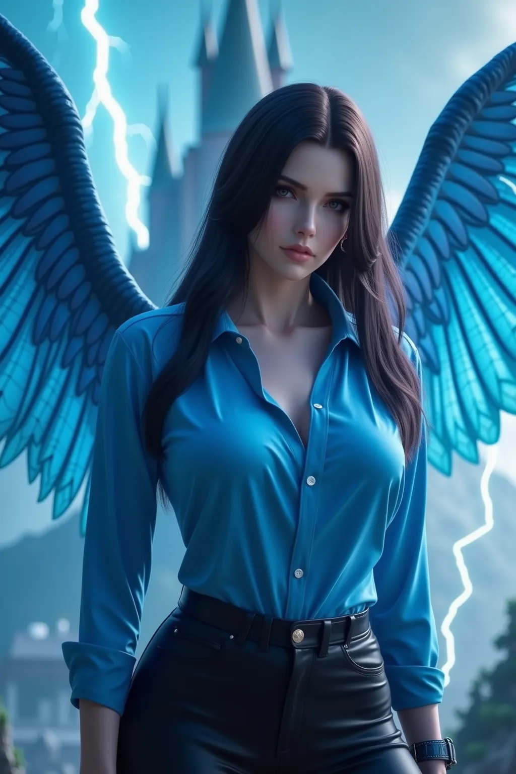 She has big boobs, a perfect body and is wearing a blue shirt and black pants.It has huge wings.You can see thunder and a huge castle in the sky.best image quality,top quality,8k,