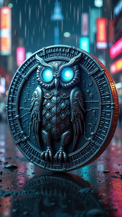 "A highly detailed futuristic Cyberpunk Owl-Coin, featuring a sleek metallic owl with glowing neon blue eyes, intricate circuitry patterns etched into its feathers, and a digital holographic effect surrounding its edges. The coin itself is made of a mix of...