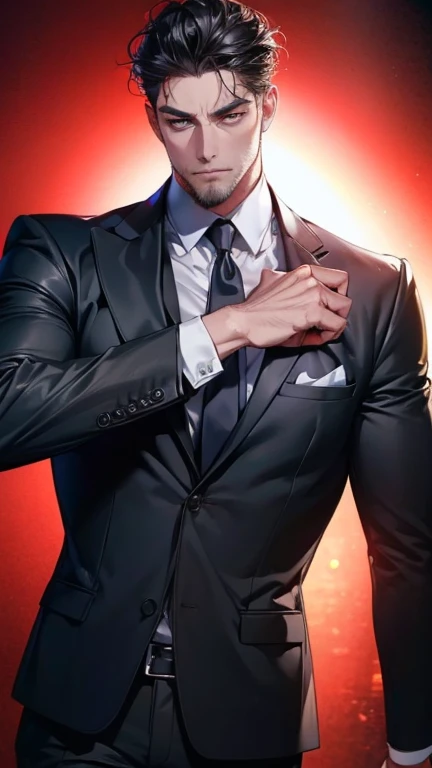 (             CEO      ,4K,8k,          highres,        masterpiece :1.2),         ultra-detailed   ,(Realistic,photoRealistic,photo-Realistic:1.37),36-year-old man,3 day beard,Beautiful anime,Portraits,strong,masculine,           with black hair  ,sharp j...