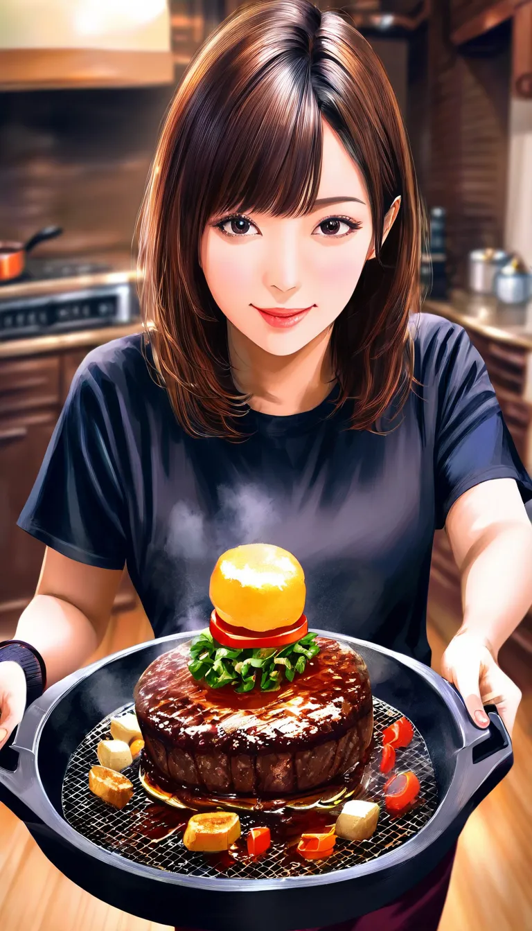 anime style、cowboy shot、Woman grilling a hamburger steak in a frying pan、Realistic private home kitchen、