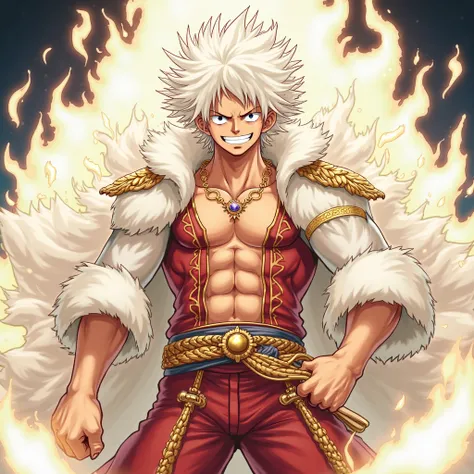 Nika’s Luffy has white, voluminous, fluffy hair, and his eyes are large and shining. His expression is bright and cheerful, with a muscular and powerful physique. His attire is luxurious, giving off a divine impression, and he radiates an overwhelming pres...