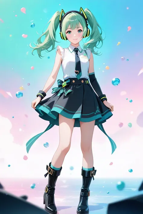 1 girl,Beautiful Girl,cute,smile, vocaloid , Hatsune Miku, Blue Green Long Twin Tails,miniskirt,sleeveless,tie,headphones, black arm cover ,black long boots