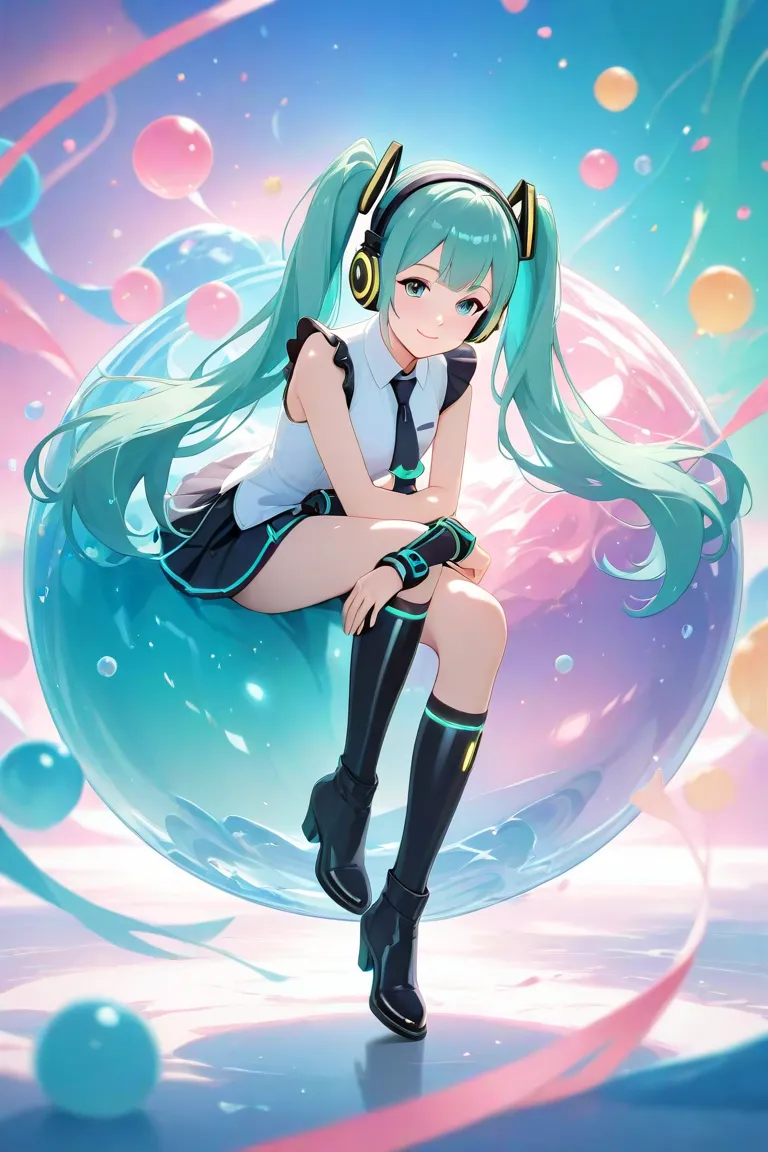 1 girl,Beautiful Girl,cute,smile, vocaloid , Hatsune Miku, Blue Green Long Twin Tails,miniskirt,sleeveless,tie,headphones, black arm cover ,black long boots