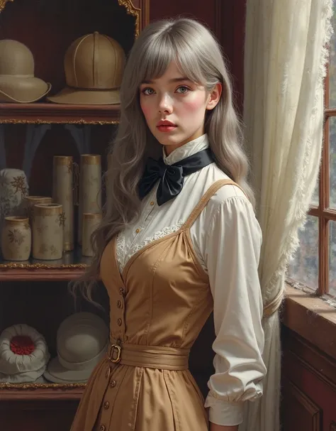 Oil portrait (painting on canvas), realistic image quality, photography, Realistic Illustration.  Aesthetic image .  detailed image. Aristocratic environment,  high standard .  Diagonal view ,  Diagonal focus . pose/ Imperious posture ,  dominant. pose med...