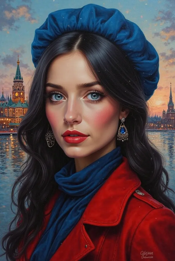 @ɢᴏᴅᴅᴇss ʀᴀᴄʜᴇʟ࿐*: realistic oil painting . Beautiful Russian woman with long black hair and intense sky blue eyes. The woman has a blue beret and a red coat. She has diamond jewelry. She is very beautiful with flushed cheeks and shiny lips . In the backgr...