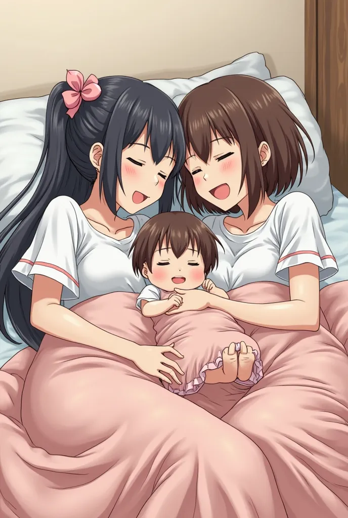 they are having a good time together in bed with a baby, a picture by Kanō Sansetsu, instagram, shin hanga, ayami koj ima, japanese, kimi takemura, shojo, cute schoolgirl, seifuku, japanese model, very perfect position, of a schoolgirl posing, ecchi, rei h...