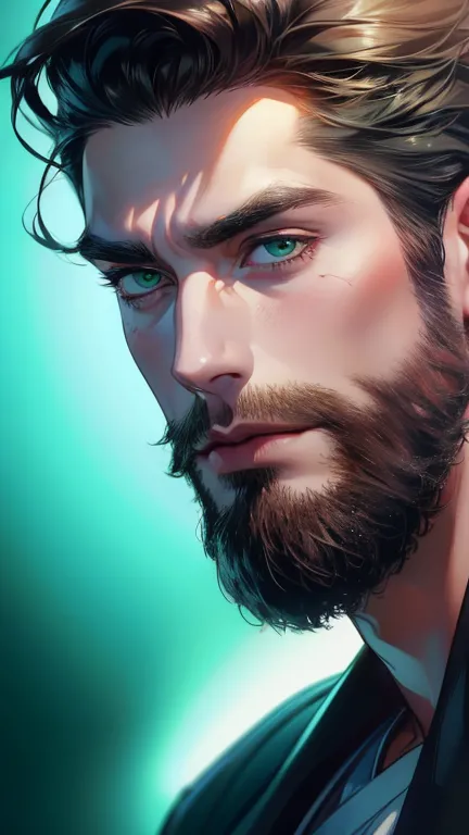 (  best quality,4K,8k,   highres,  masterpiece :1.2),  ultra-detailed  ,(Realistic,photoRealistic,photo-Realistic:1.37),36-year-old man,3 day beard,Beautiful anime,Portraits,strong,masculine,   with dark hair  ,sharp jaw,    mesmerizing green eyes   ,   pe...