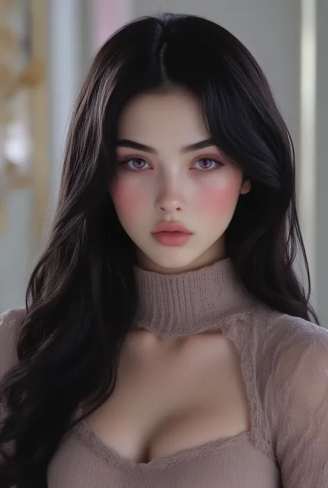 Photo realista 4k, Beautiful girl with PINK PINK FUCHSIA eyes the young iris Russian European features, perfect face, and perfect straight shiny long length jet black hair. His EXOTIC PINK EYES stand out: unreal, fantastic fantasy of an intense pink color,...