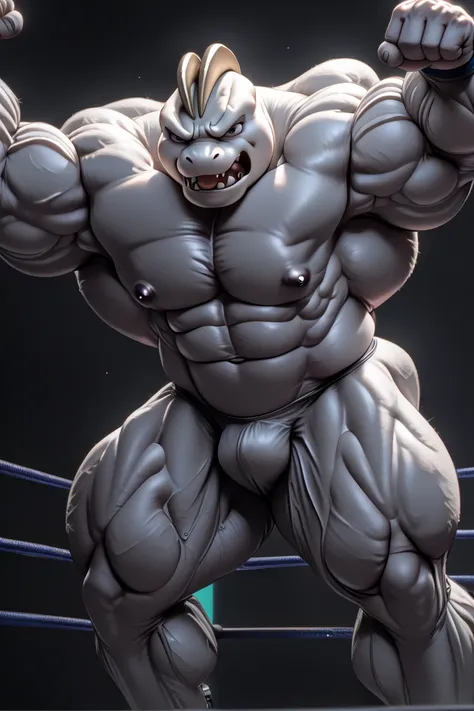 Pokemon Machoke in a frontal "most muscular pose". Little head compared to the shoulders, extremely large, huge muscles, shredded serratus, 6-pack-abs, huge arms, pumped pecs, big quads, huge calves, black posing thong, black military boots. On a wrestling...