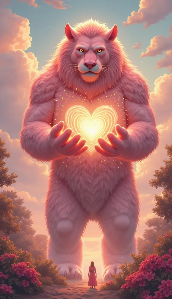 Imagine a colossal and majestic creature, of a strong and protective appearance, that personifies the emotion of love. His body is imposing, with a powerful and muscular silhouette, but its skin has a soft and bright shade of pink, as if it were illuminate...