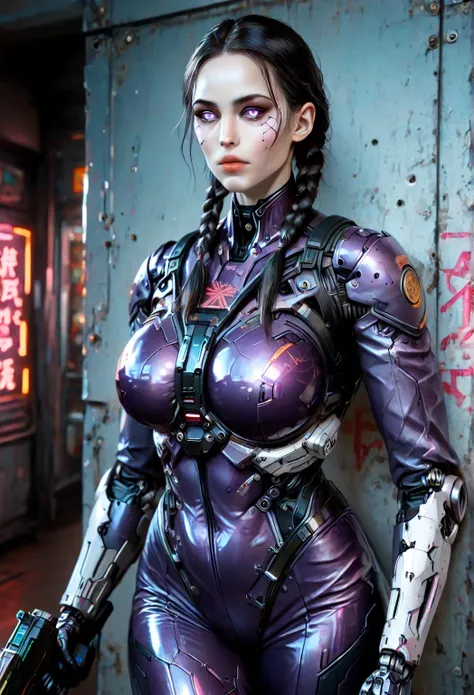 solo female, mature female, facing the viewer, tall, pale skin, black rimmed eyes, black hair short sides and brushy on top, nape hair in two long thin braids, broad shoulders and sharp faced, large breasts, facing the viewer, cyberpunk female, black jacke...