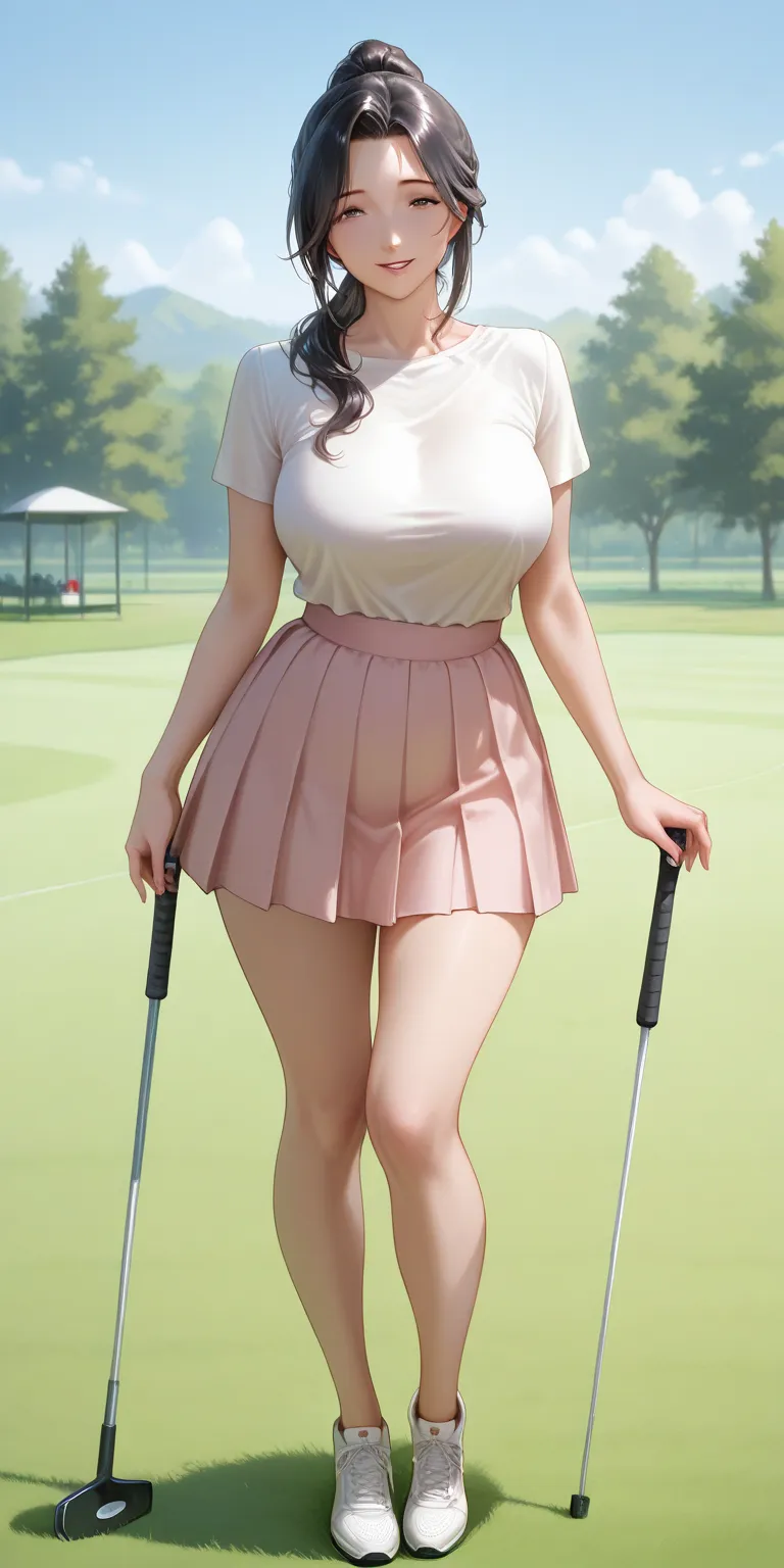 One panel view, masterpiece, newest, vibrant, very aesthetic, mature female, housewife, Black hair, high ponytail long hair, white t-shirts, pink pleated mini skirt, white sneakers, full body, parted lips ,smile, mature woman, golf field, best quality, rea...