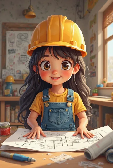 A girl who's engineer planning a house cartoon