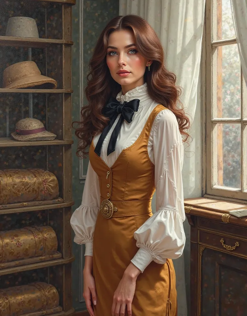 Oil portrait (painting on canvas), realistic image quality, photography, Realistic Illustration.  Aesthetic image .  detailed image. Aristocratic environment,  high standard .  Diagonal view ,  Diagonal focus . pose/ Imperious posture ,  dominant. pose med...