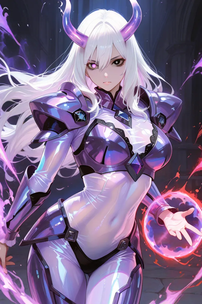 masterpiece,1 woman,Beautiful fingers, short white hair ,black eyes and purple diamond-colored eyes,wears crop top armor, light armor and a blue transparent suit,Purple Magic Aura,Red Magic,attack magic to put 1 hand forward,Use, purple color horn, 