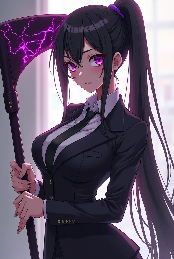 Generate an anime female character with purple eyes and a long black ponytail with business clothes with sharp eyes, slim and curvy, and tall, serious face, slim nose, and wielding a big dark purple scythe crackling with dark energy 