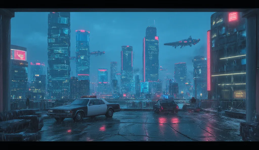 A cinematic, futuristic, full cyberpunk city with flying police cars visible in the distance. A rainy night. A view from a balcony. The city is illuminated with blue and red neon lights among towering skyscrapers. Lights and neon reflections on the wet roa...