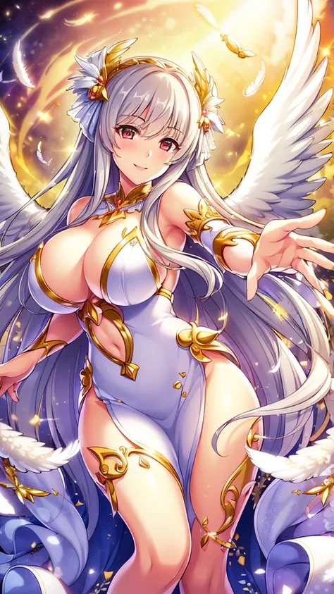 (( top quality )),( super high res),( super detailed ),( detailed description ),(( best CG )),( Best Artwork ), Ultra Precision Art, Amazing Painting Art ,(Exquisite art:1.5), 　 a Female Angel,long silver hair, wing,big breasts,smile,   flying feathers,