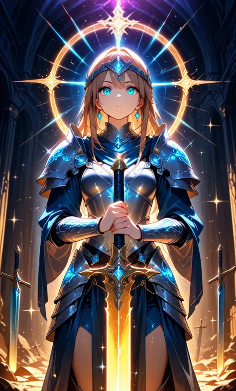 1girl, solo, minimalist, jewelry armor, crystall, glow, epic, sparkles, sword, 