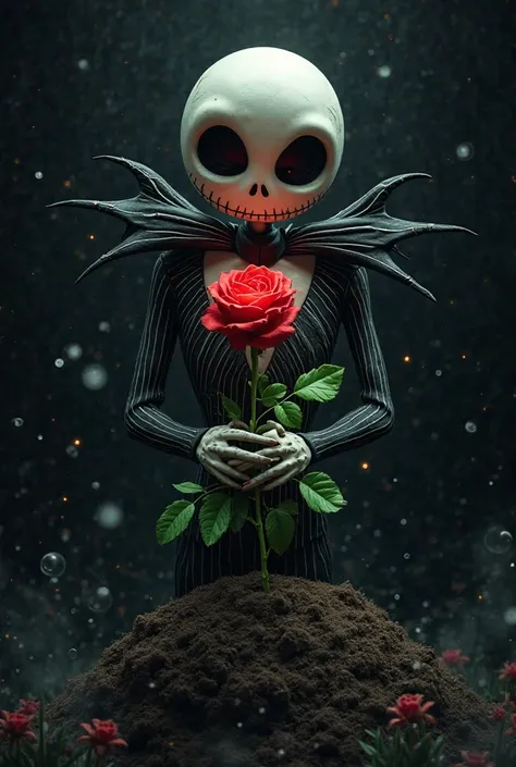 A dark fantasy illustration of Jack Skellington with his eyes closed in serenity and introspection. It tenderly cradles a radiant black rose with lush green leaves, as if giving life to the mysterious dark background. The rose appears to grow from a mound ...