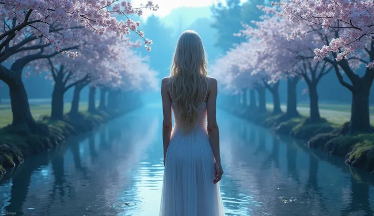  full of deep blue light  , ((masterpiece, Top Quality , Pay back,  kampala , reality, RAW PICTURES UP , 8k)), (( high quality CG synthesizer 8K wallpaper )), that&#39; Many cherry trees on both sides of the , (big、Amazing Goddess Pictures, very sexy ,  Ru...