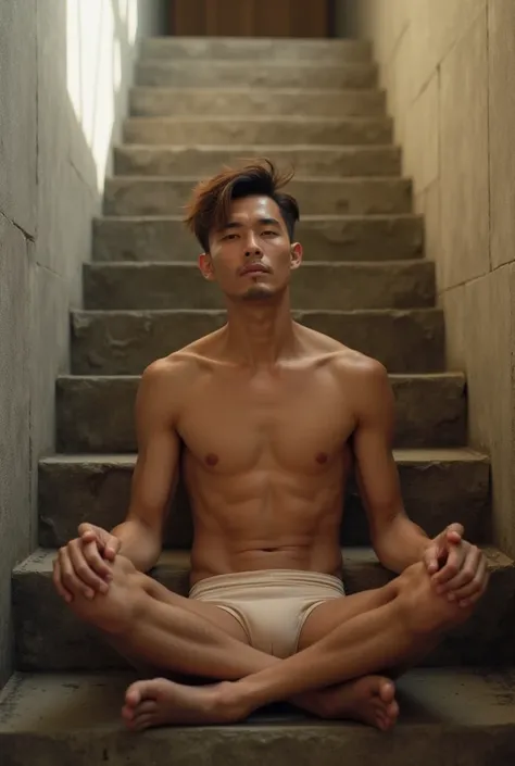 A thai man sits cross-legged raised, on a concrete staircase with sunlight coming from above, with concrete walls on either side of him. His hair is short and brown, he is laying down and open his legs, he is wearing a cream see through panties, which add ...