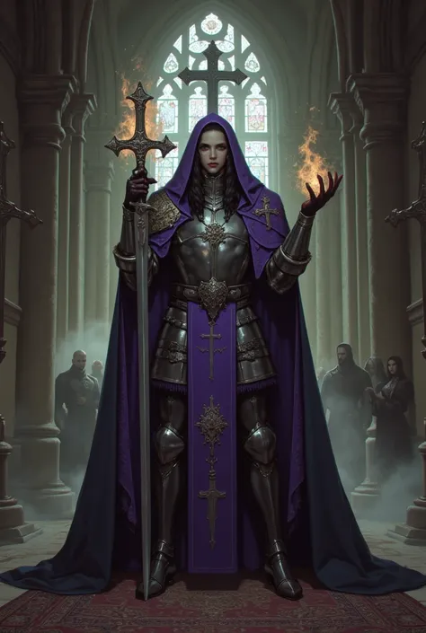 
"A dark-skinned medieval knight, wearing a purple costume similar to that of a priest, but covered by an imposing silver armor ornamented. On his shoulders rests a clerical stole wine, that shakes slightly with the ghostly breeze of the environment.  Her ...