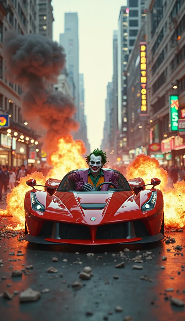 joker driving a red sports car on a street.Let there be explosions .3D