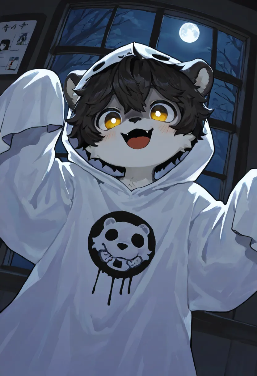 source_ furry， furry male，elementary school students，((boy  )),lion boy  ,Dog ears，short hair,masterpiece, newest,absurdres, incredibly absurdres, bright eyes, detailed eyes,short hair,  messy hair, blush,  laugh, head tilt，ghost costume, messy hair,  expr...