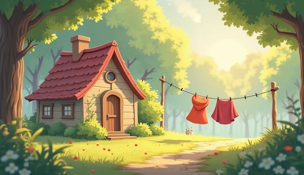 A heartwarming, 3D anime-style morning scene at the edge of a quiet forest. Show a small, cozy cottage bathed in gentle early sunlight, with soft shadows and a serene atmosphere. In front of the cottage, a bright red hooded cloak sways lightly on a simple ...