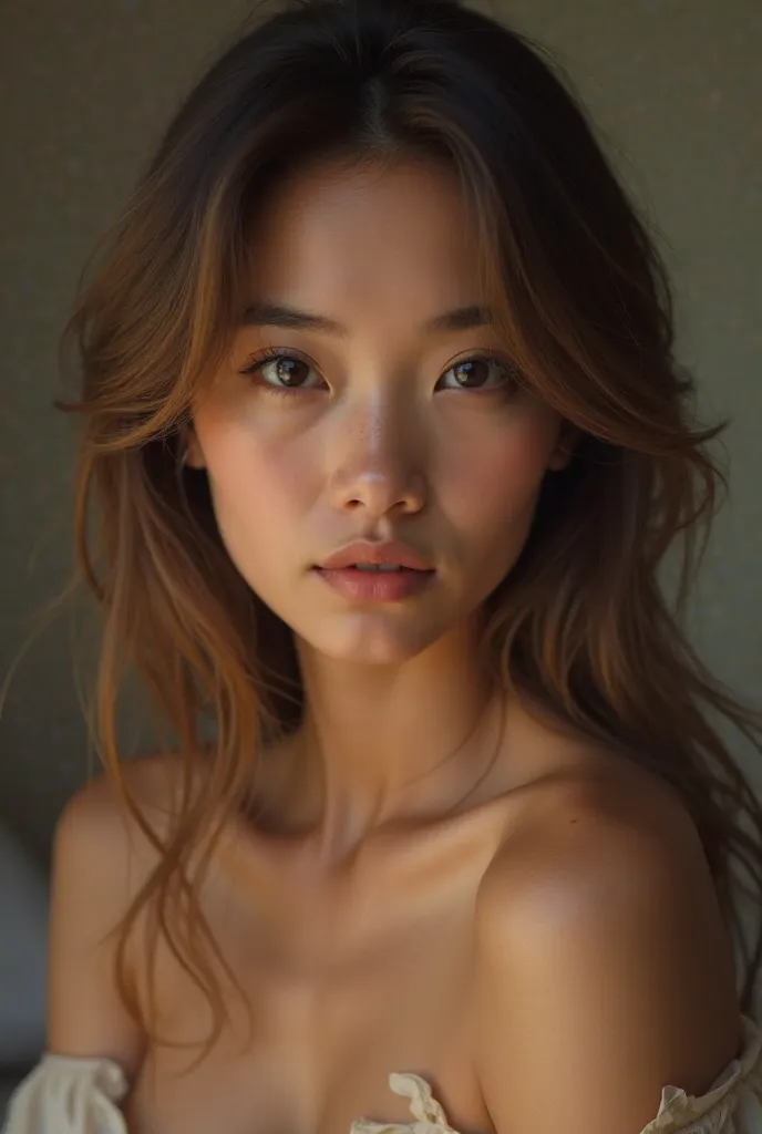 Ultra realistic portrait of a 24 year old girl, with harmonious features and expressive gaze. Your skin is smooth and illuminated, with a natural glow. She has long, well-kept hair, falling delicately over her shoulders. His gaze conveys confidence and cha...