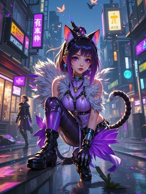 A young anime-style girl of Hispanic descent，She has big, piercing eyes、A cute nose and soft lips。She has long, colorful hair，With glittering cyberpunk-style accessories。She has mechanical cat-shaped ears implanted in her head。 She is wearing a tight synth...