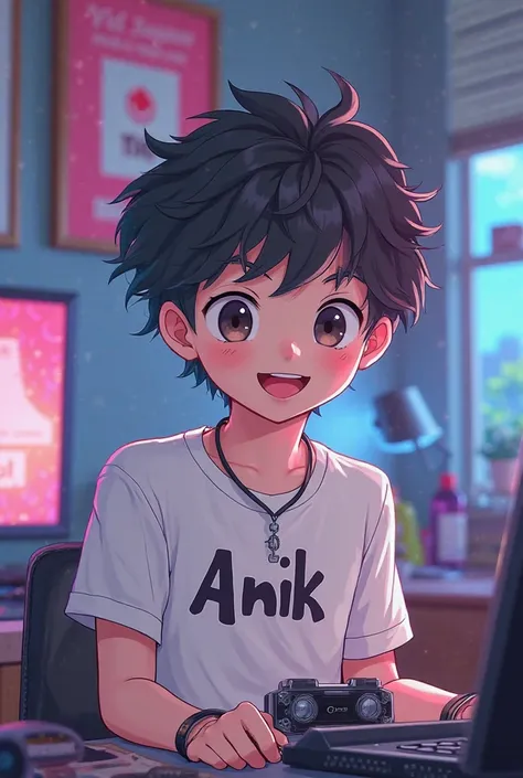 Create an anime boy that looks like a human on the front.   He is a TikTok content creator, sitting in his studio with a futuristic gadget, and he has a mic, wearing a white t-shirt, with Anik's name written on the t-shirt, smiling, and has 2 posters of Ti...