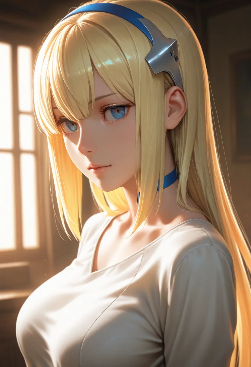 masterpiece, best quality, vibrant, very aesthetic, high contrast, photorealistic portrait,beautiful detailed face,detailed texture,detailed skin,newest, 1girl,DanMachi,source_DanMachi,Aiz Wallenstein,headband,shirt,room,realistic lighting