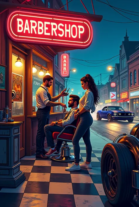 A high-energy, cartoonish T-shirt design blending the classic charm of a vintage barbershop with the raw power of hot rods, muscle cars, and racing culture. The centerpiece is a traditional barbershop with a retro neon sign reading ‘BARBERSHOP,’ where a sk...