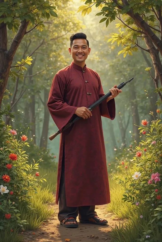  realistic painting ,A man hesmes and a stylus,wear traditional malay maroon dress,long pants,Sampin and black songkok,standing while smiling sweetly looking at the camera,Hyperdetails photorealistic HDR ,green trees, Wildflowers , green bushes and plants,...