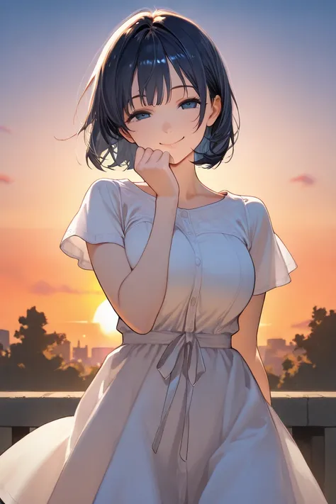 ((look at viewer)),((sunset)),shutting eyes,Around town,High quality texture,solo,1 girl,  dark blue short hair, blue eyes,white plain short sleeve dress, slightly petite ,large breasts,Young face,smile,pinky out, close up, face,