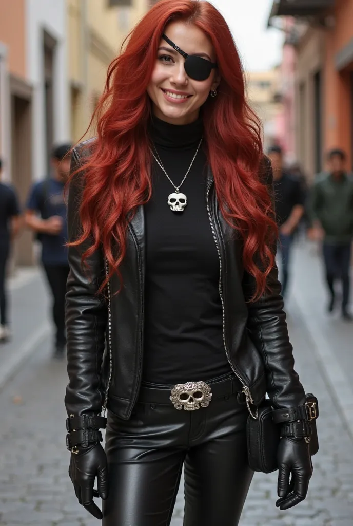 Beautiful smiling Asian young woman with long, wavy red hair, wears an eyepatch, wears a tight black turtle-neck T-shirt, an leather black jacket, tight black leather pants, gloves, smooth black boots, necklace, belt with a skull buckle. handbag, she is in...