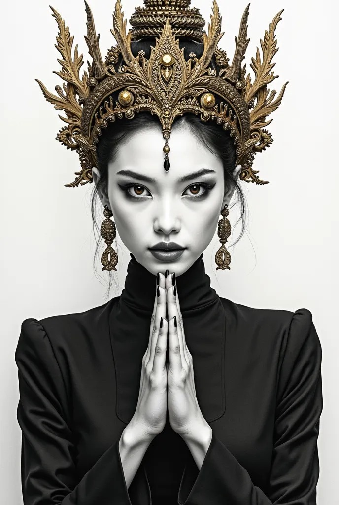 Drawing white and black   white background  effect beauty women wearing black
 outfit with Thailand crown  face show fangs full body praying hand sign
drawing effect 