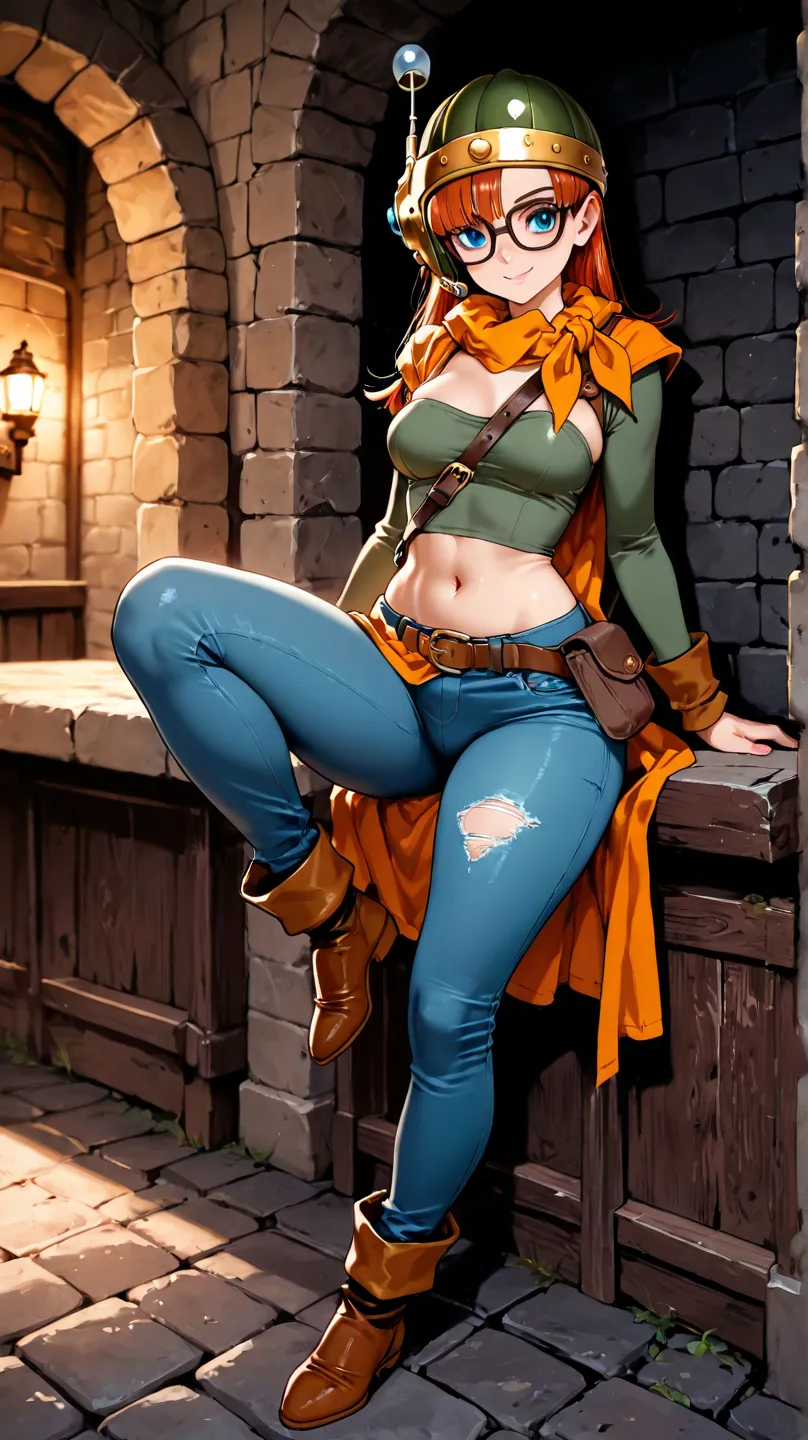 1girl, Lucca from Chrono Trigger, thin build, glasses, long hair, looking at viewer, standing, jeans with one pant leg cut off, seductive smile, medieval city in background, from the knees up, masterpiece, medium breasts, long hips, thin hips, long hipbone...